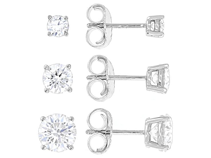 Moissanite Box Set Of Three Pair Platineve Stud Earrings 4.06ctw DEW.