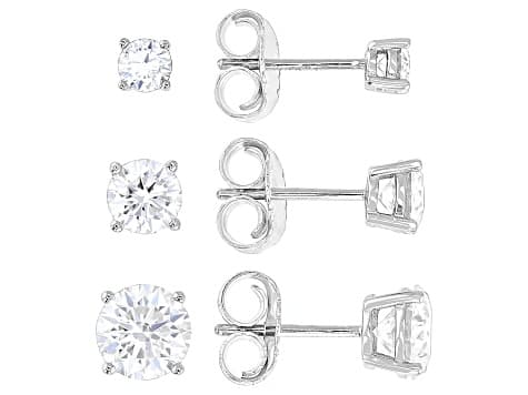 Moissanite Box Set Of Three Pair Platineve Stud Earrings 4.06ctw DEW.