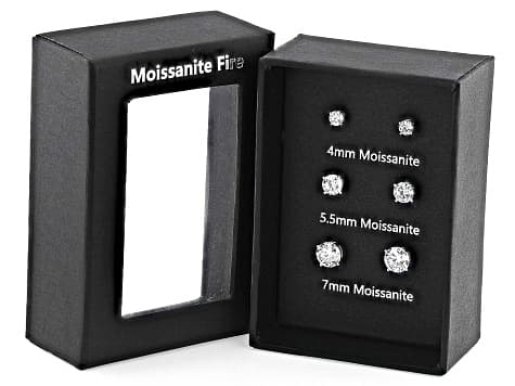 Moissanite Box Set Of Three Pair Platineve Stud Earrings 4.06ctw DEW.