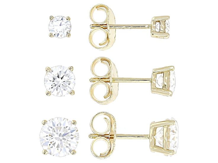 Moissanite Set Of Three Pair 14k Yellow Gold Over Silver Stud Earrings 4.06ctw DEW.