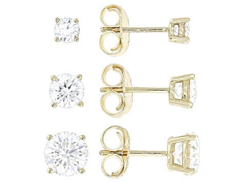 Moissanite Set Of Three Pair 14k Yellow Gold Over Silver Stud Earrings 4.06ctw DEW.
