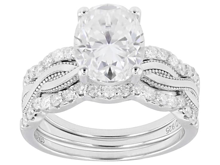 Moissanite Oval and Round Platineve Ring With Two Bands 3.68ctw DEW