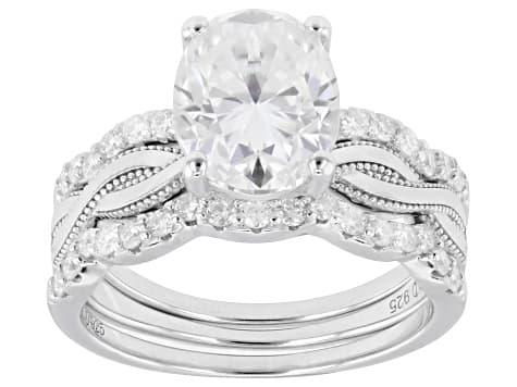 Moissanite Oval and Round Platineve Ring With Two Bands 3.68ctw DEW