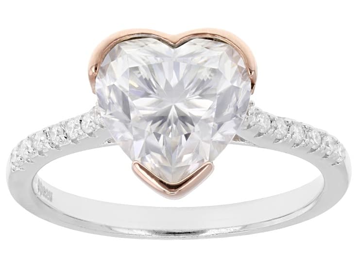 Moissanite Heart and Round Platineve and 14k Rose Gold Over Silver Engagement Ring 2.84ctw DEW