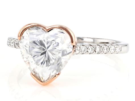 Moissanite Heart and Round Platineve and 14k Rose Gold Over Silver Engagement Ring 2.84ctw DEW