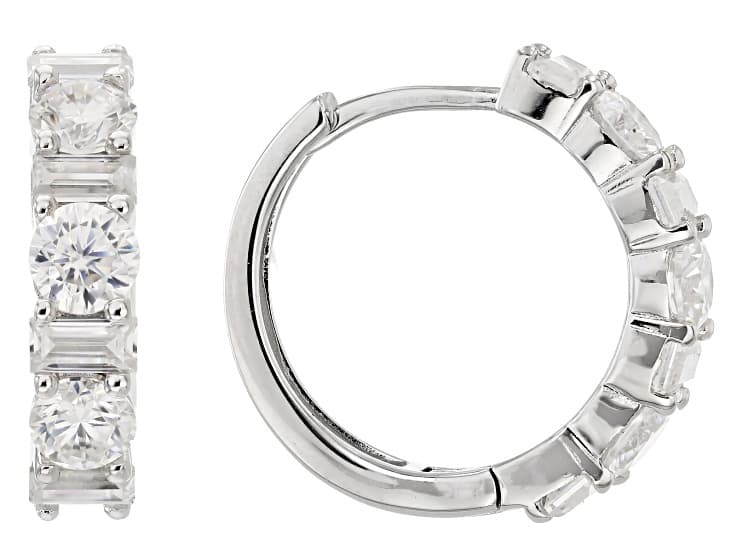 Moissanite Round And Baguette Platineve Hoop Earrings 2.10ctw DEW