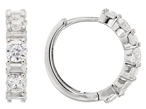 Moissanite Round And Baguette Platineve Hoop Earrings 2.10ctw DEW