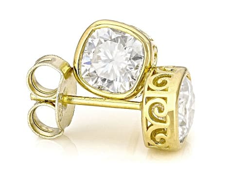 Square Cushion Moissanite 14k Yellow Gold Over Silver Stud Earrings 2.10ctw DEW.