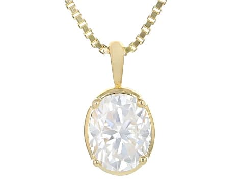 Oval Moissanite 14k Yellow Gold Over Silver Solitaire Pendant with Box Chain 2.10ct DEW