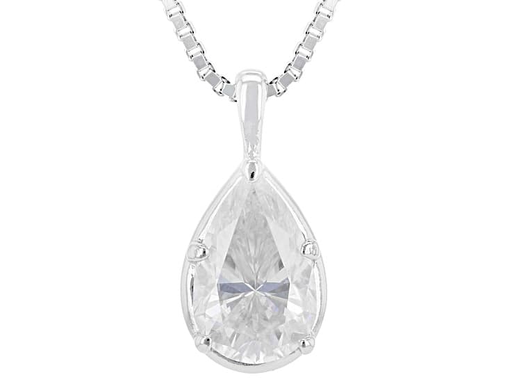 Pear Moissanite Platineve Solitaire Pendant with Box Chain 2.10ct DEW