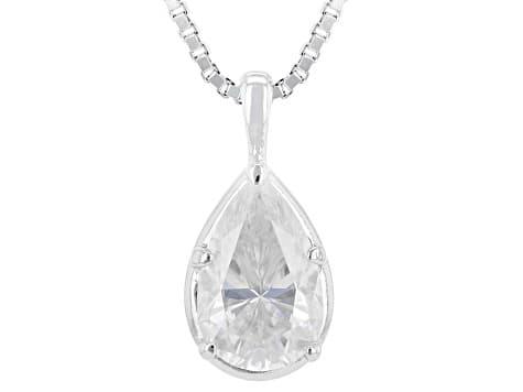 Pear Moissanite Platineve Solitaire Pendant with Box Chain 2.10ct DEW