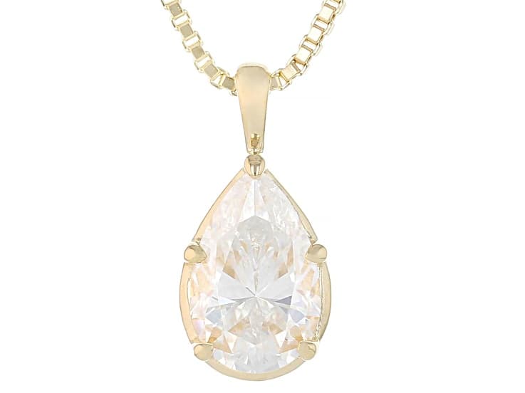 Pear Moissanite 14k Yellow Gold Over Silver Solitaire Pendant with Box Chain 2.10ct DEW