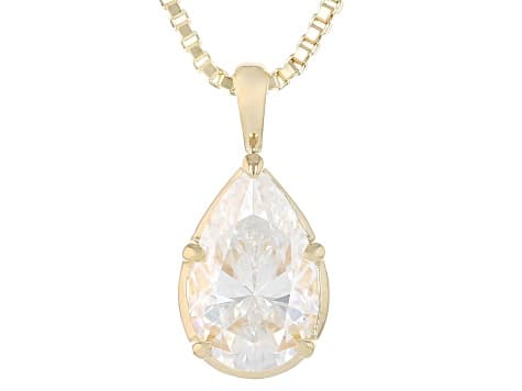 Pear Moissanite 14k Yellow Gold Over Silver Solitaire Pendant with Box Chain 2.10ct DEW