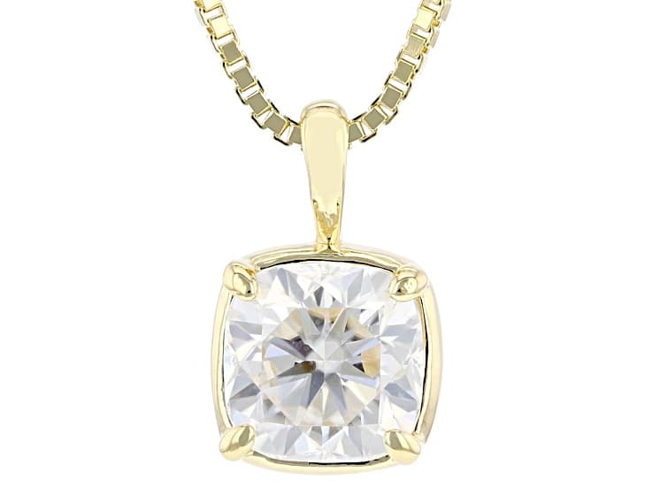 Square Cushion Moissanite 14k Yellow Gold Over Silver Solitaire Pendant with Box Chain 2.00ct DEW