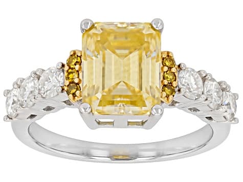 Yellow and Colorless Moissanite with Yellow Diamond Platineve Two Tone Ring 3.18ctw DEW.
