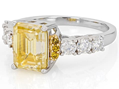 Yellow and Colorless Moissanite with Yellow Diamond Platineve Two Tone Ring 3.18ctw DEW.