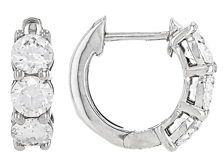 Moissanite Platineve Three Stone Hoop Earrings 1.50ctw DEW