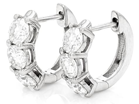 Moissanite Platineve Three Stone Hoop Earrings 1.50ctw DEW