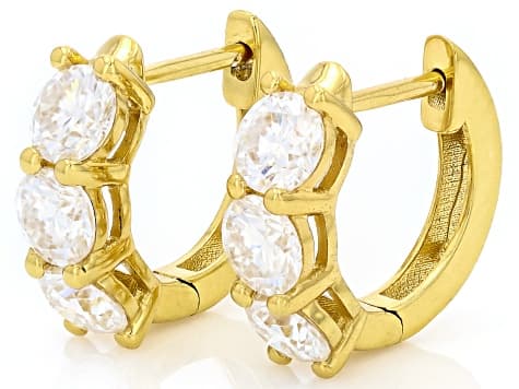 Moissanite 14k Yellow Gold Over Silver Three Stone Hoop Earrings 1.50ctw DEW