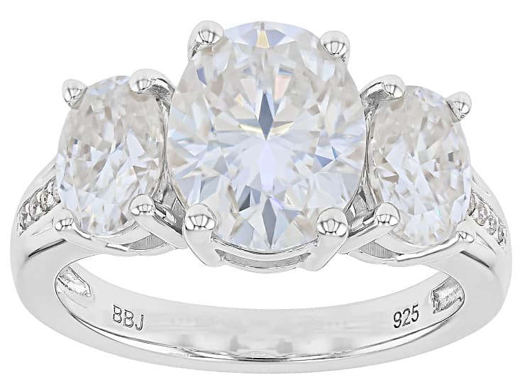 Moissanite Platineve Three Stone Ring 4.90ctw DEW.