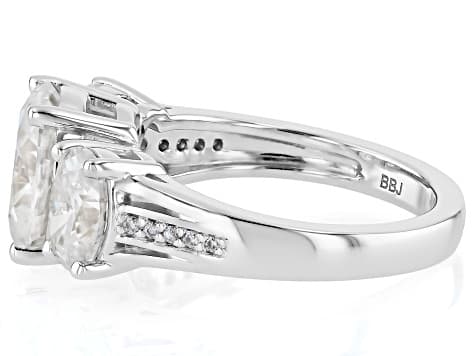 Moissanite Platineve Three Stone Ring 4.90ctw DEW.