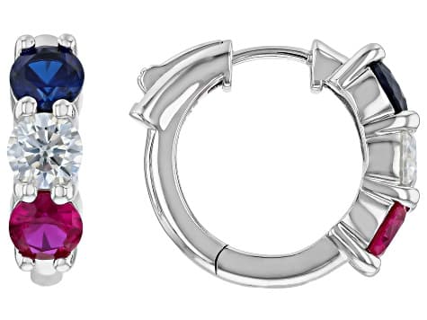 Moissanite with Lab Created Ruby and Lab Created Sapphire Platineve Hoop Earrings 1.00ctw DEW