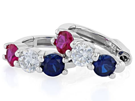Moissanite with Lab Created Ruby and Lab Created Sapphire Platineve Hoop Earrings 1.00ctw DEW