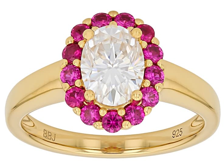 Moissanite with Lab Created Ruby 14k Yellow Gold Over Sterling Silver Halo Ring 1.50ct