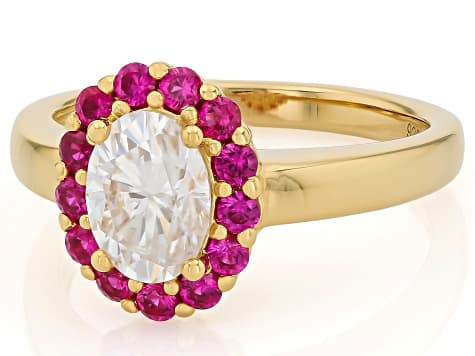 Moissanite with Lab Created Ruby 14k Yellow Gold Over Sterling Silver Halo Ring 1.50ct