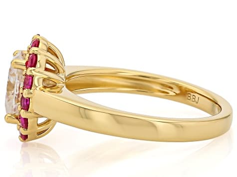 Moissanite with Lab Created Ruby 14k Yellow Gold Over Sterling Silver Halo Ring 1.50ct