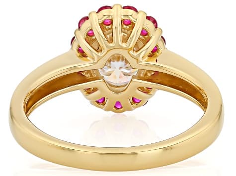 Moissanite with Lab Created Ruby 14k Yellow Gold Over Sterling Silver Halo Ring 1.50ct