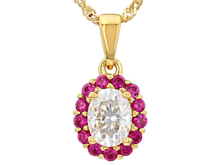 Moissanite and Lab Created Ruby 14K Yellow Gold Over Sterling Silver Pendant with Chain 1.50ct DEW