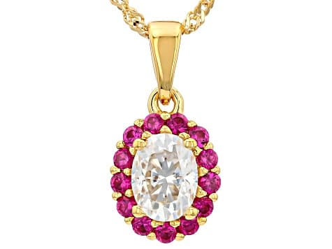 Moissanite and Lab Created Ruby 14K Yellow Gold Over Sterling Silver Pendant with Chain 1.50ct DEW
