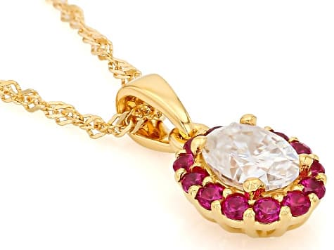 Moissanite and Lab Created Ruby 14K Yellow Gold Over Sterling Silver Pendant with Chain 1.50ct DEW