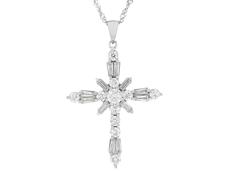 Round And Baguette Moissanite Platineve Cross Pendant 2.11ctw DEW