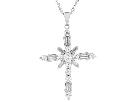 Round And Baguette Moissanite Platineve Cross Pendant 2.11ctw DEW