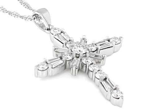 Round And Baguette Moissanite Platineve Cross Pendant 2.11ctw DEW