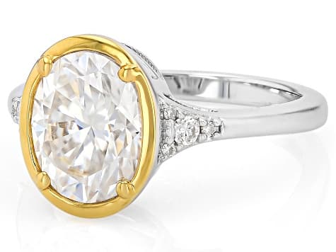 Oval And Round Moissanite Platineve and 14k Yellow Gold Over Silver Ring Engagement 3.12ctw DEW.