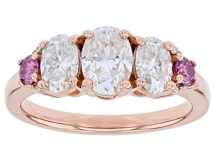 Colorless and Pink Moissanite 14k Rose Gold Over Three Stone Silver Ring 2.10ctw DEW.