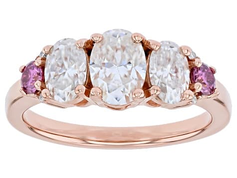 Colorless and Pink Moissanite 14k Rose Gold Over Three Stone Silver Ring 2.10ctw DEW.
