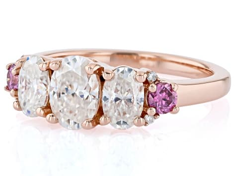Colorless and Pink Moissanite 14k Rose Gold Over Three Stone Silver Ring 2.10ctw DEW.