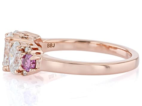 Colorless and Pink Moissanite 14k Rose Gold Over Three Stone Silver Ring 2.10ctw DEW.