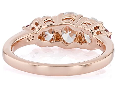 Colorless and Pink Moissanite 14k Rose Gold Over Three Stone Silver Ring 2.10ctw DEW.