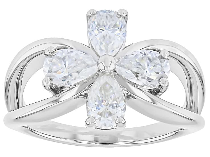 Pear Shape Moissanite Platineve Flower Ring 1.72ctw DEW