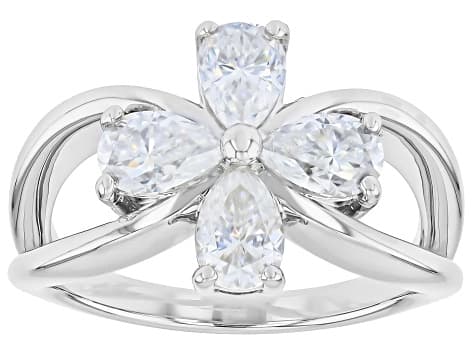 Pear Shape Moissanite Platineve Flower Ring 1.72ctw DEW