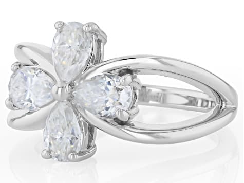 Pear Shape Moissanite Platineve Flower Ring 1.72ctw DEW