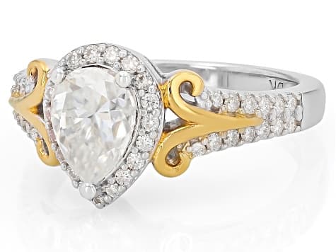 Pear And Round Moissanite Platineve And 14k Yellow Gold Over Silver Halo Ring 1.54ctw DEW