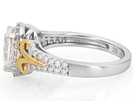 Pear And Round Moissanite Platineve And 14k Yellow Gold Over Silver Halo Ring 1.54ctw DEW
