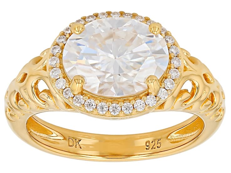 Oval And Round Moissanite 14k Yellow Gold Over Silver Halo Ring 3.28ctw DEW