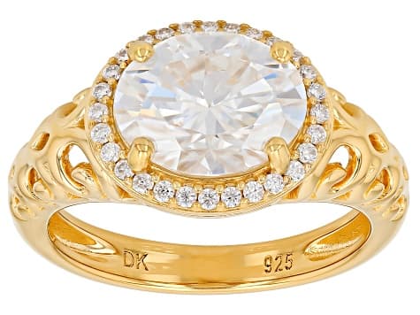 Oval And Round Moissanite 14k Yellow Gold Over Silver Halo Ring 3.28ctw DEW